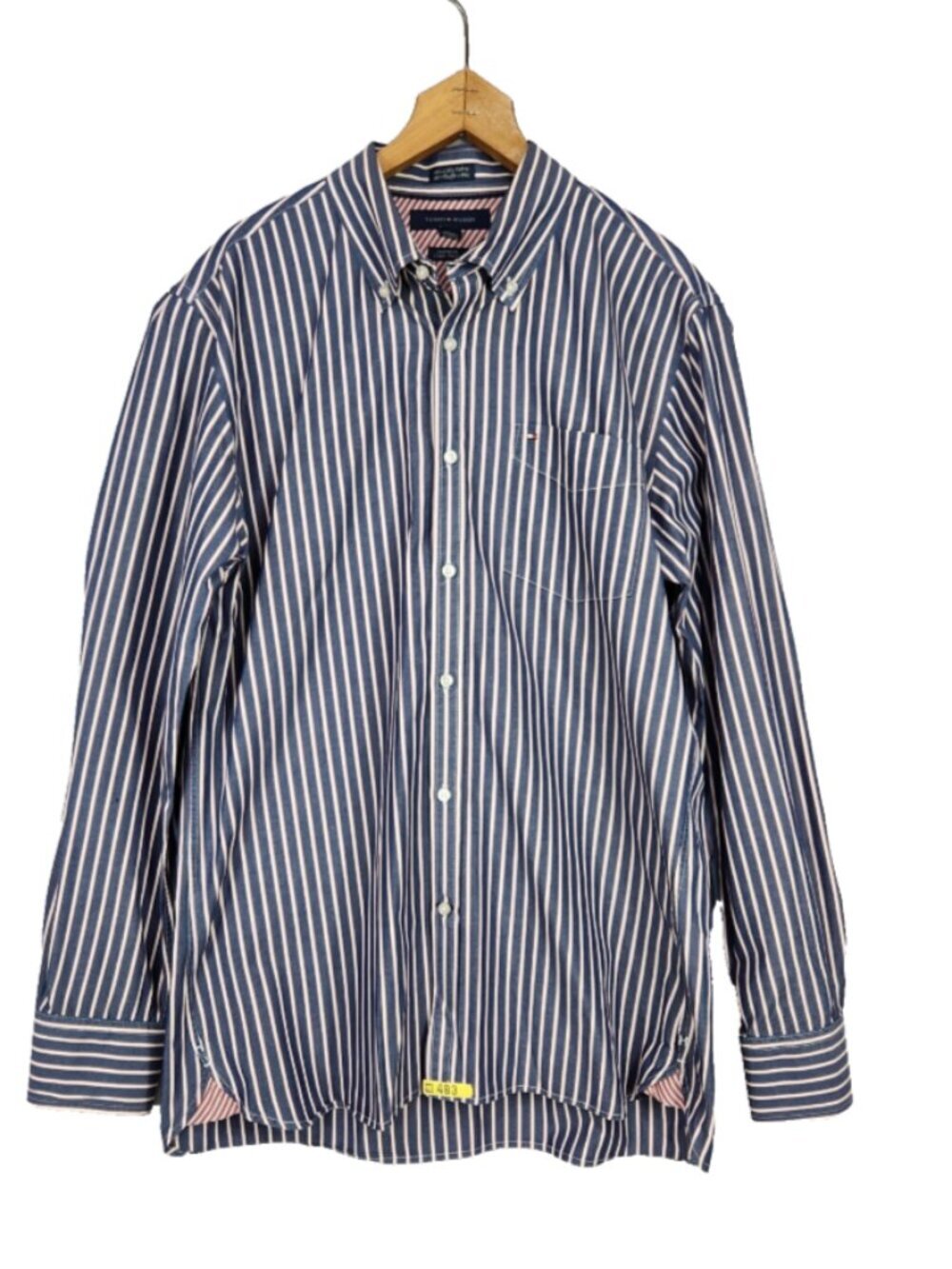 Tommy Hilfiger 80s 2 Ply Fabric Button Up Shirt Men's L Blue Red Strip Retro